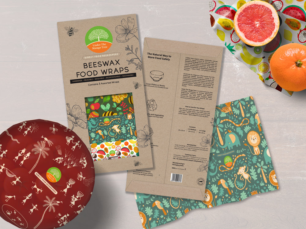 
                  
                    UTMT Under The Mango Tree - Reusable Beeswax Wrap Set of 3 - Sustainable, Biodegradable, Zero Waste, Plastic-Free Food Storage Solution for Cheese, Fruits, Vegetables, and Snacks
                  
                