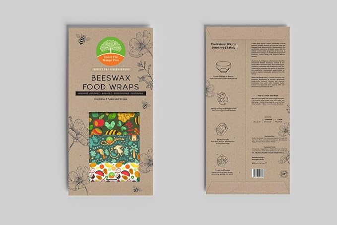 UTMT Under The Mango Tree - Reusable Beeswax Wrap Set of 3 - Sustainable, Biodegradable, Zero Waste, Plastic-Free Food Storage Solution for Cheese, Fruits, Vegetables, and Snacks